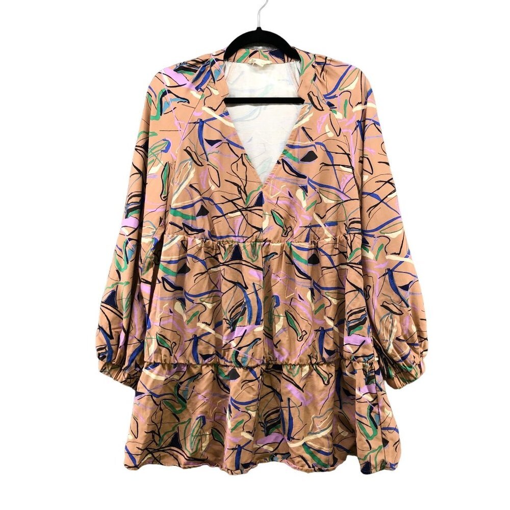 Open‎ Edit Balloon Sleeve Mini Dress XS Tiered V-Neck Rayon Relaxed Peach Floral